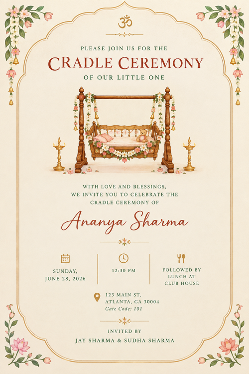 A cradle ceremony invitation with an illustrated decorated cradle